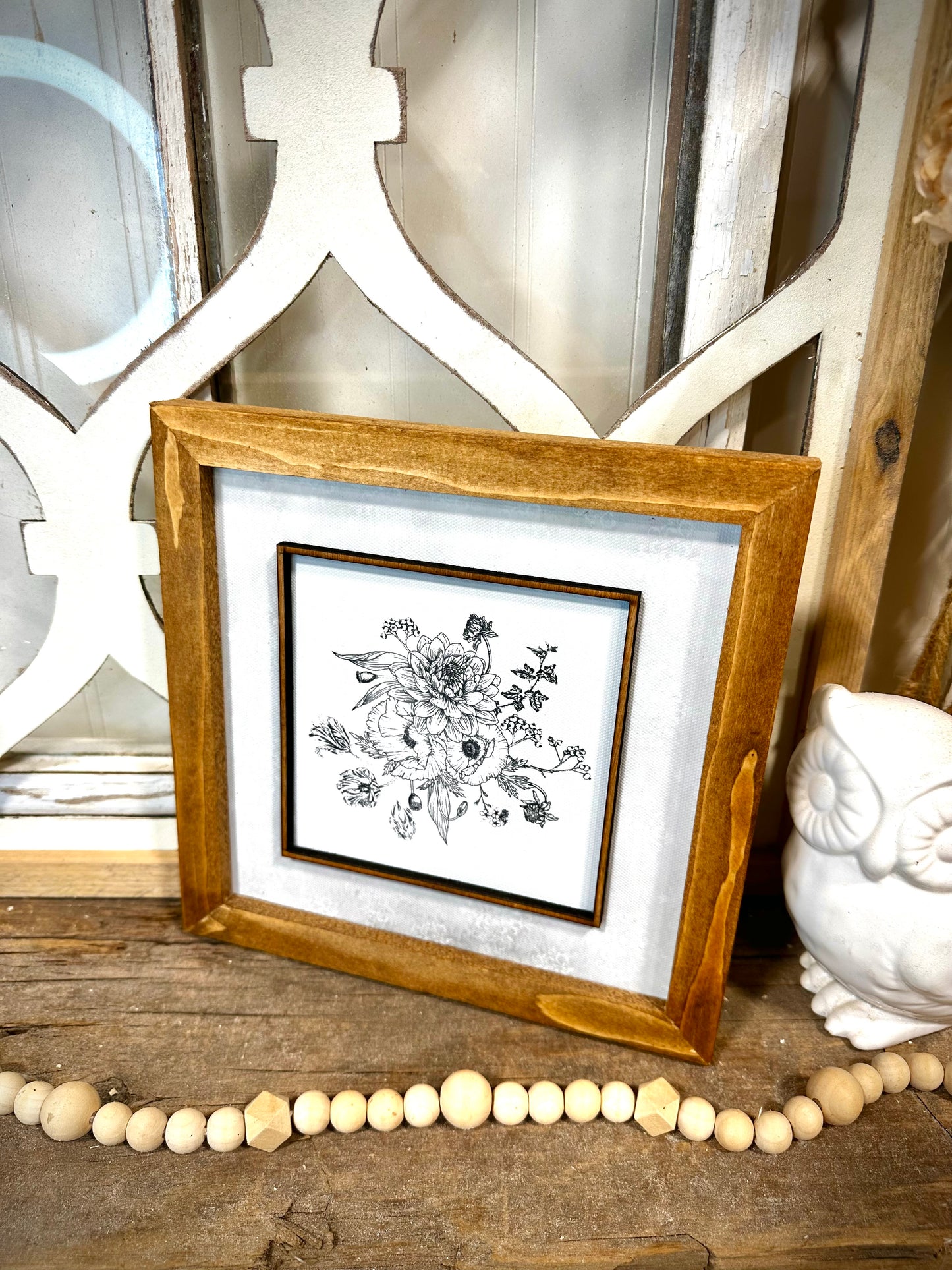 Elegant square botanical wood framed canvas wall art