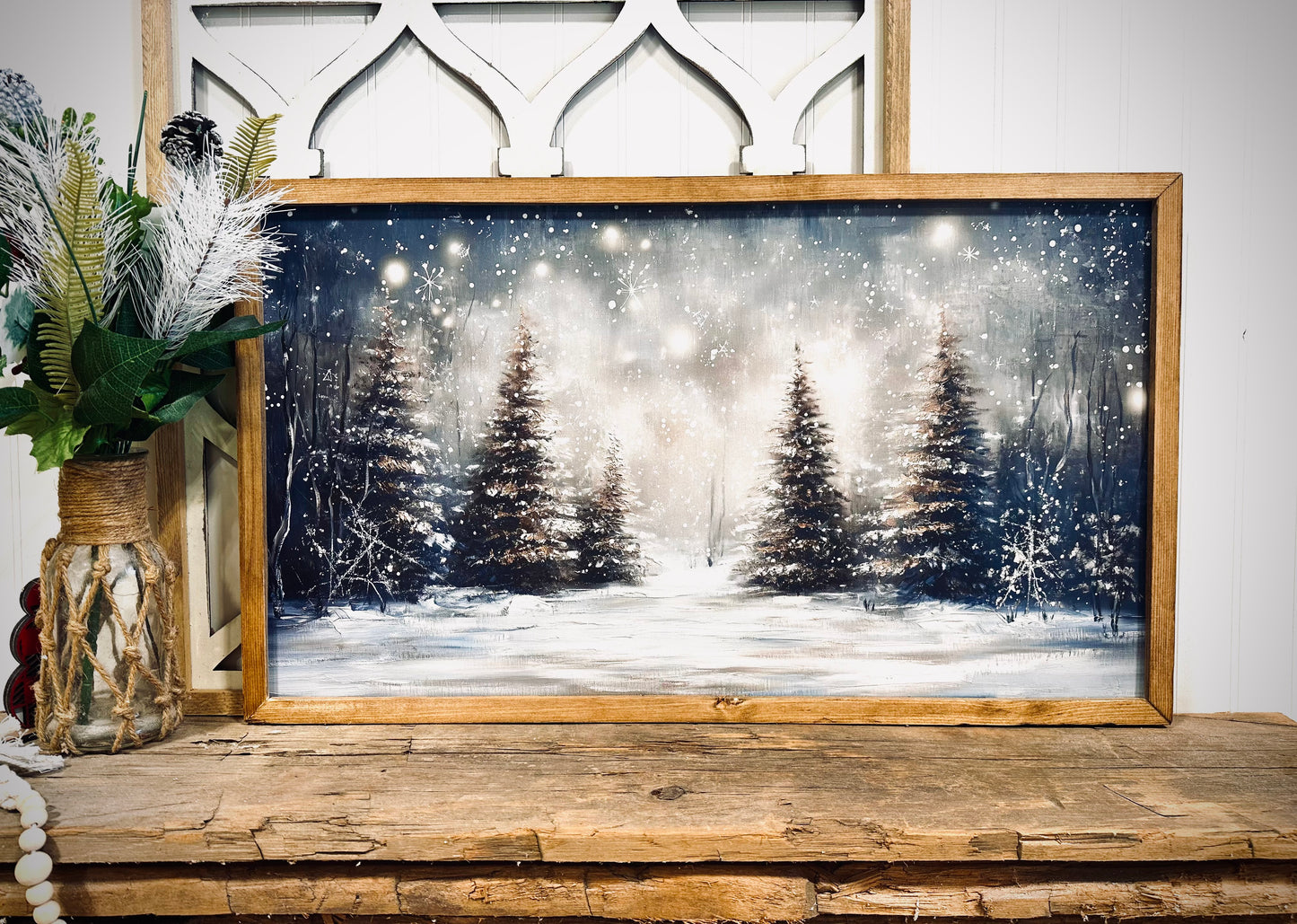 Snow covered winter trees wood framed Christmas canvas print