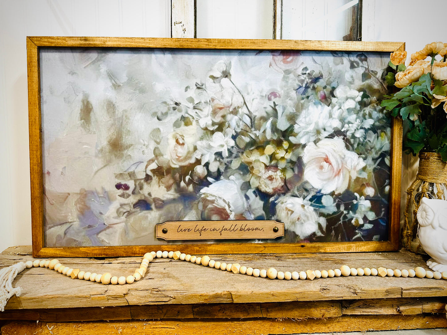 Live life in full bloom wood framed canvas sign