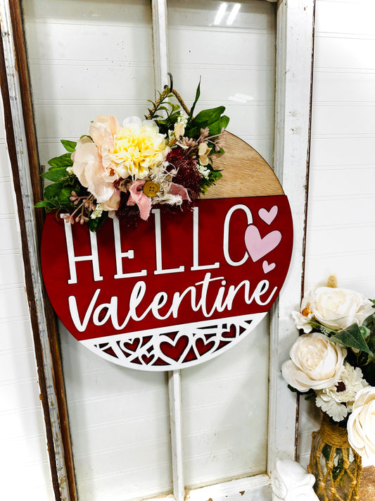 Hello Valentine painted wood door wreath