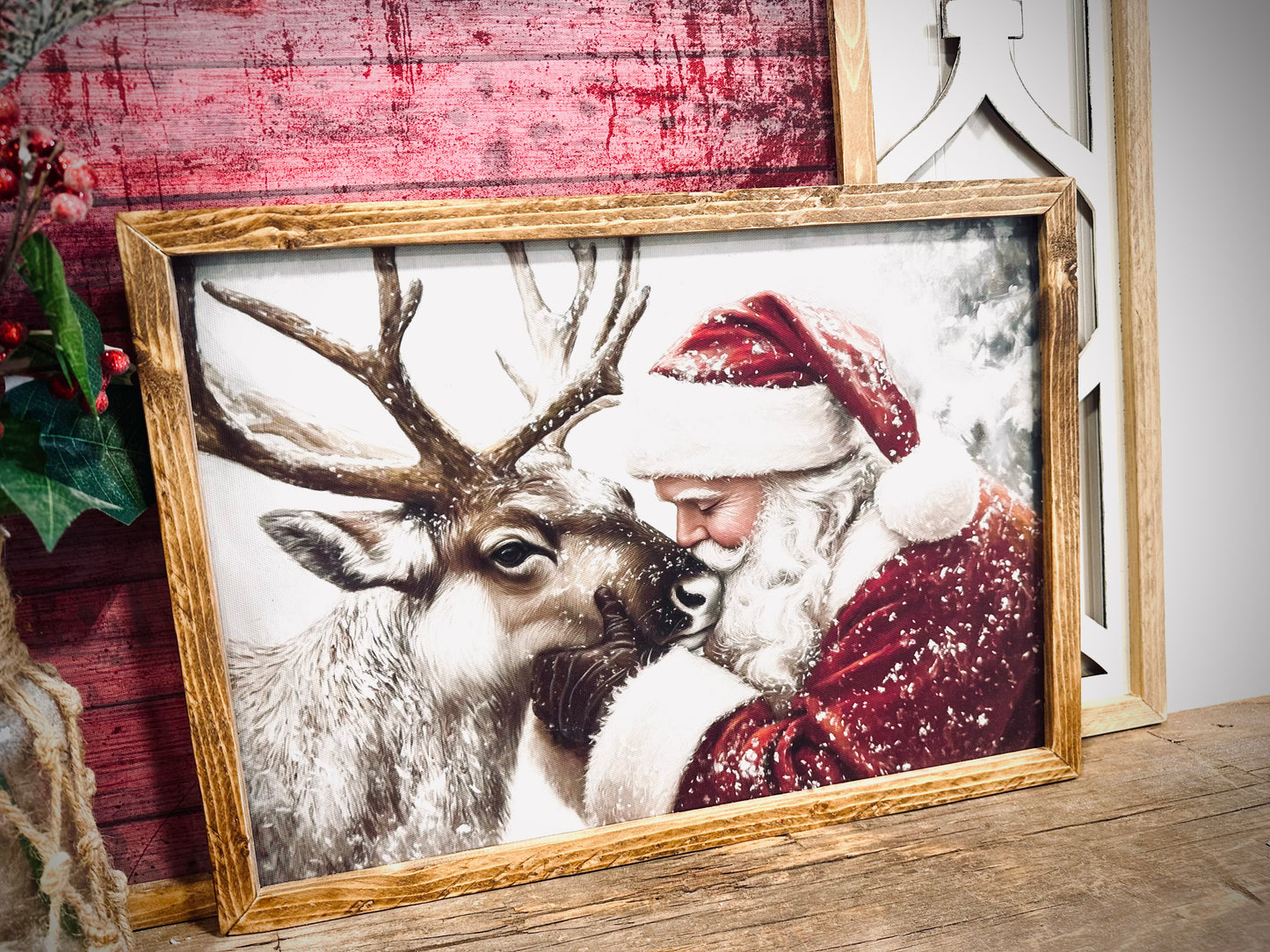Santa with Reindeer wood framed canvas print