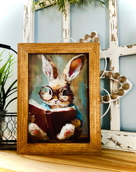 Whimsical reading bunny spring wooden framed canvas art print