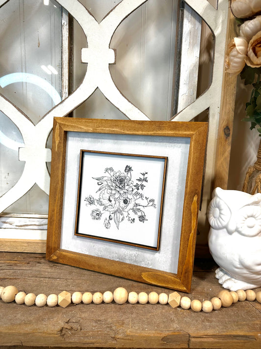 Elegant square botanical wood framed canvas wall art
