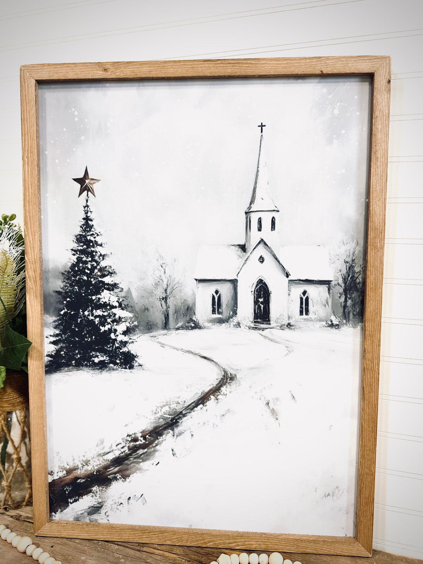 White church snowy winter Christmas scene wood framed canvas print