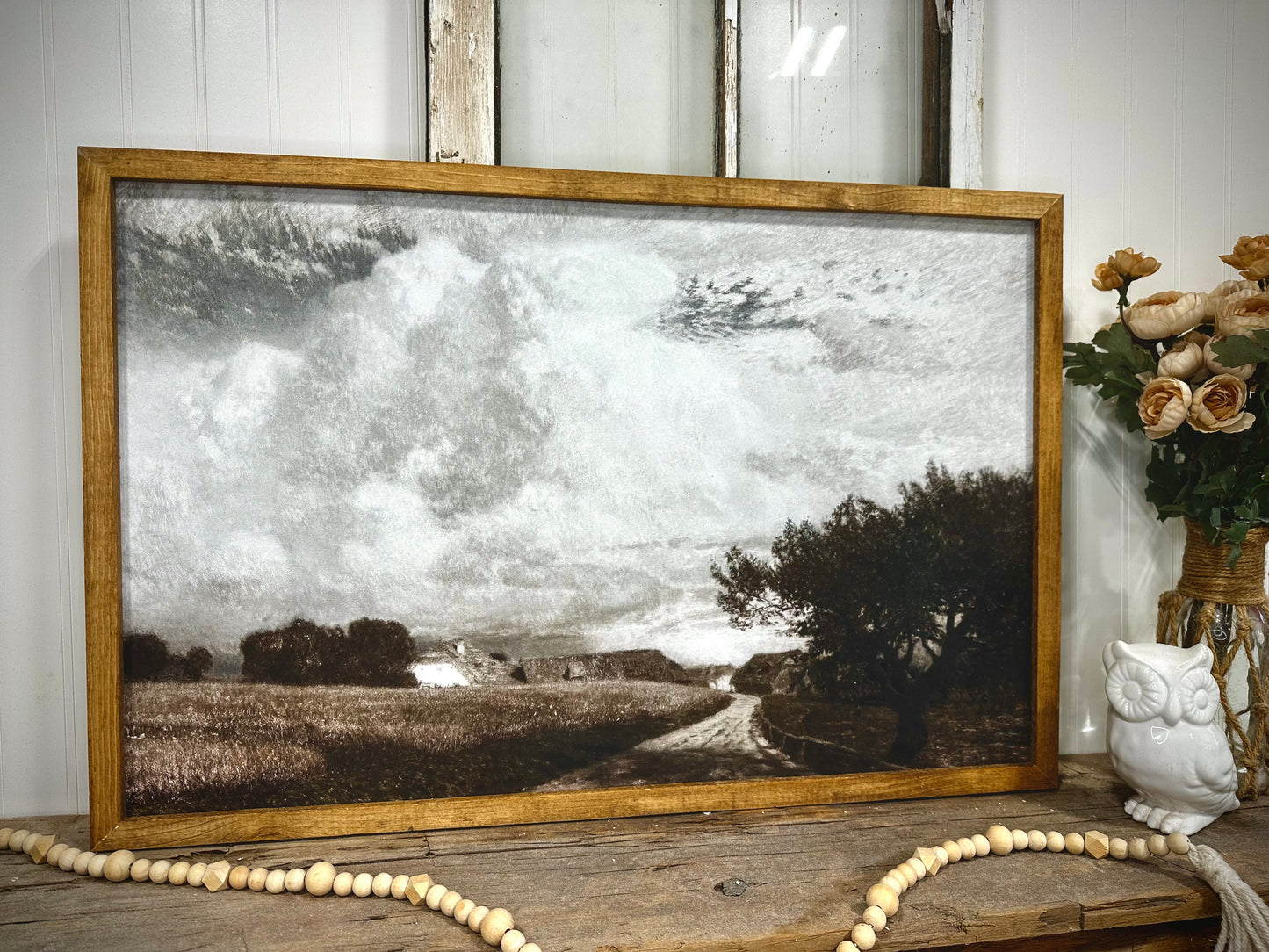 Moody open country field wood framed canvas print