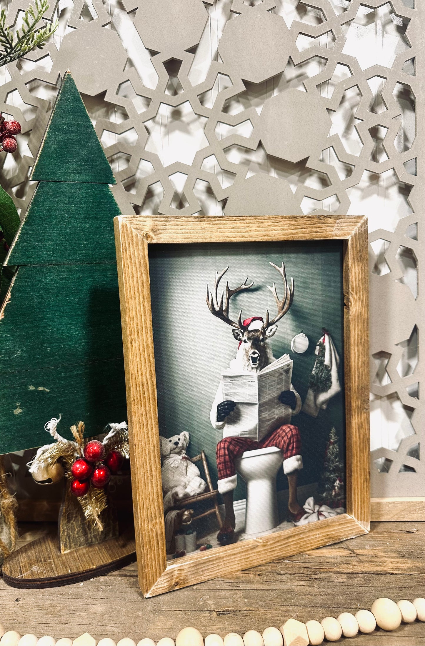 Funny bathroom reindeer Christmas wood framed canvas print