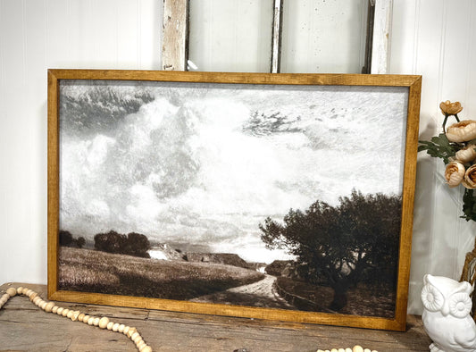 Moody open country field wood framed canvas print