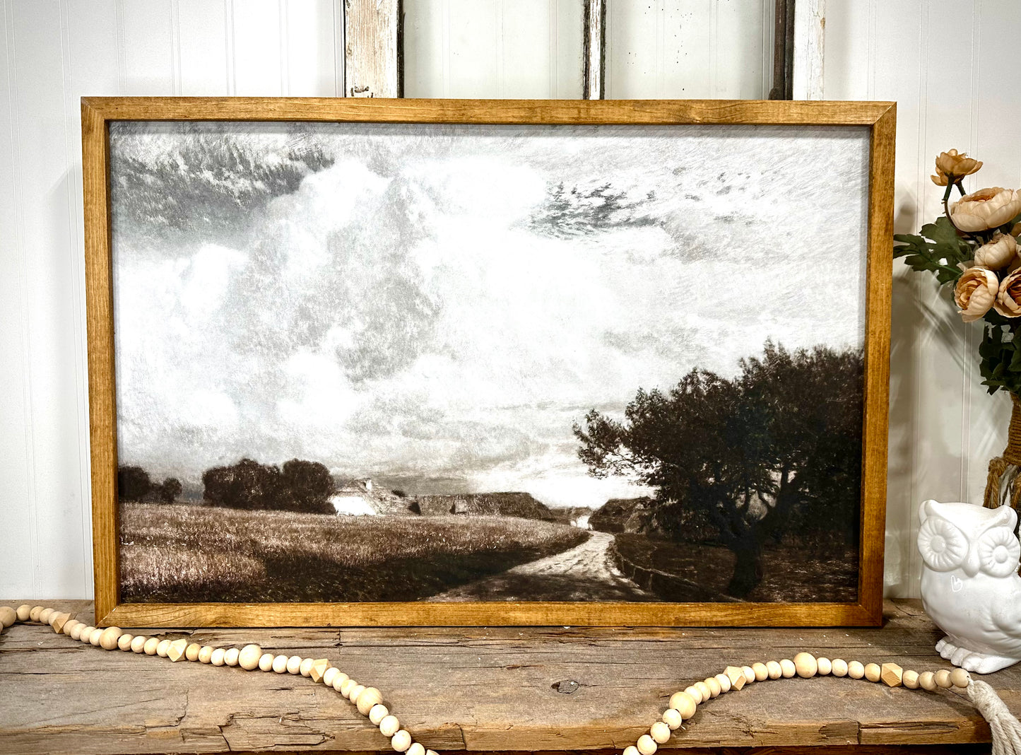Moody open country field wood framed canvas print
