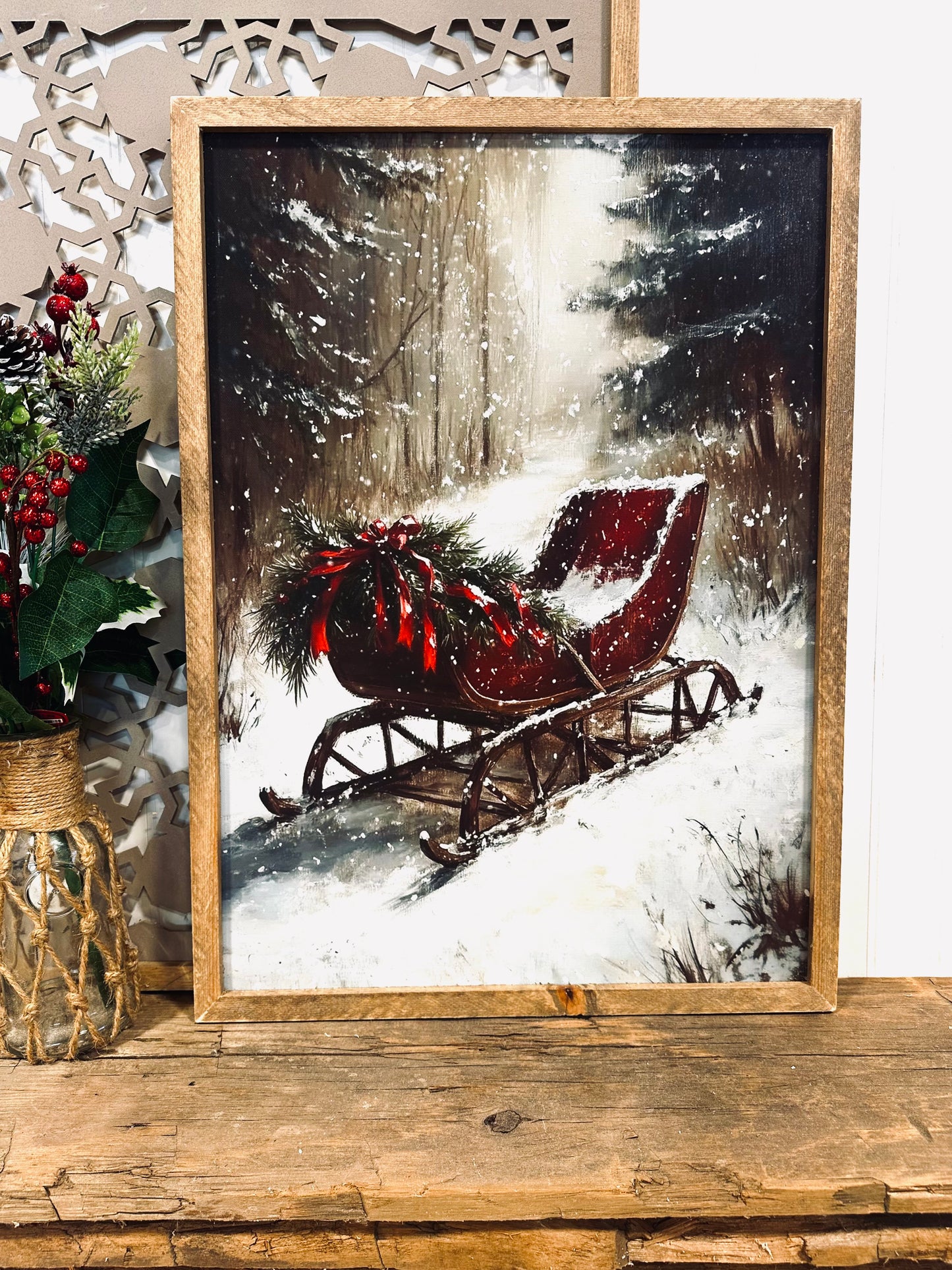 Vintage red Santa sleigh framed canvas print