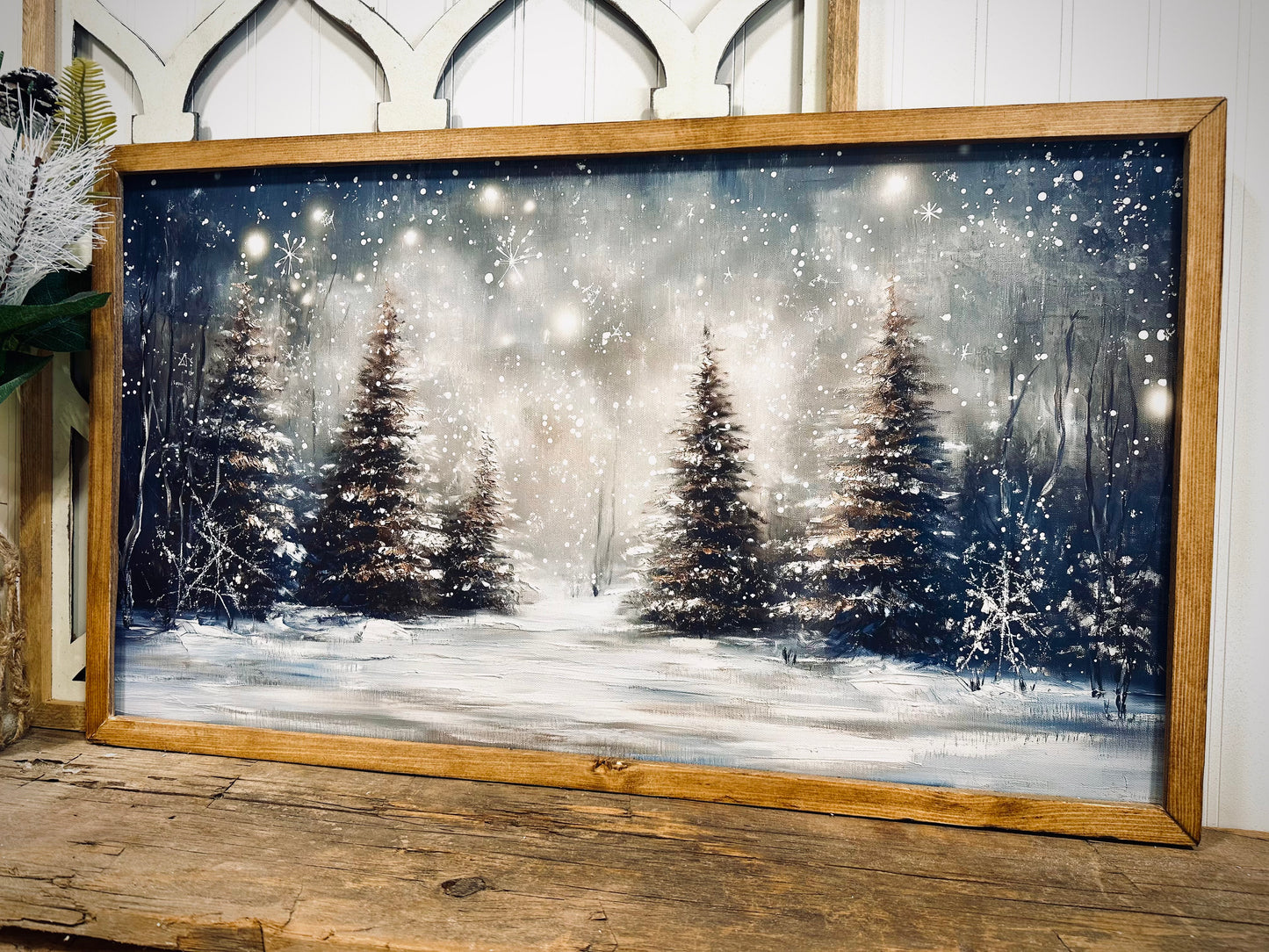 Snow covered winter trees wood framed Christmas canvas print