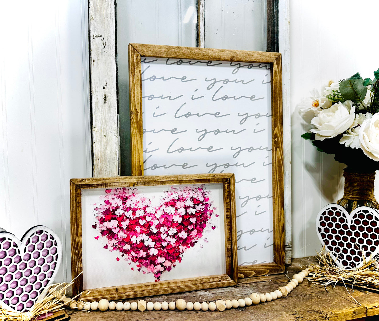 Valentines Day inspired wood framed colorful heart canvas print