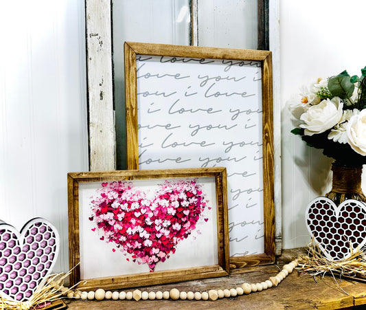 Valentines Day inspired wood framed colorful heart canvas print