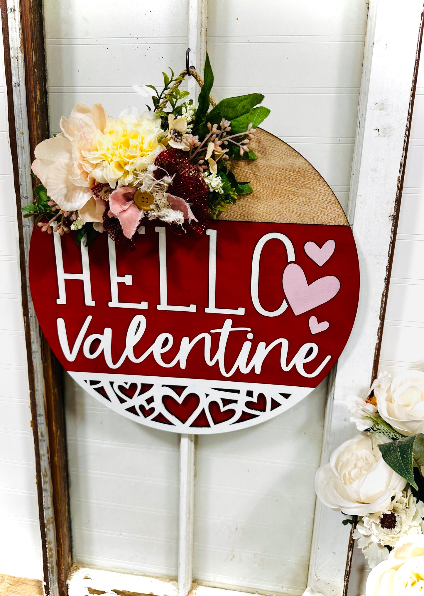 Hello Valentine painted wood door wreath