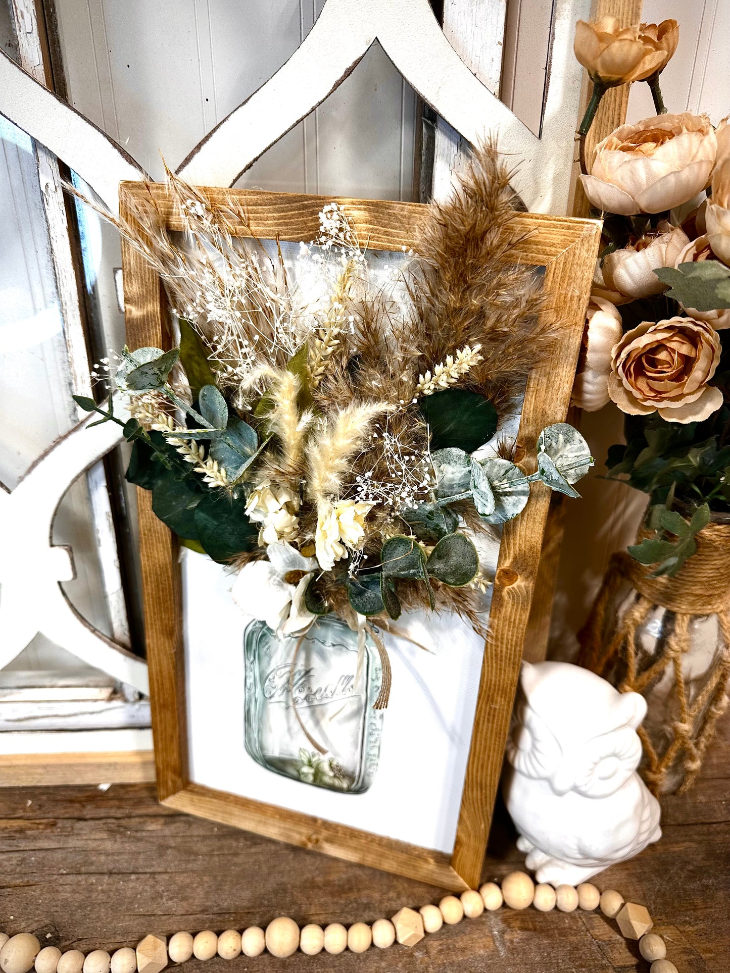 Vintage blue mason jar floral framed wall art