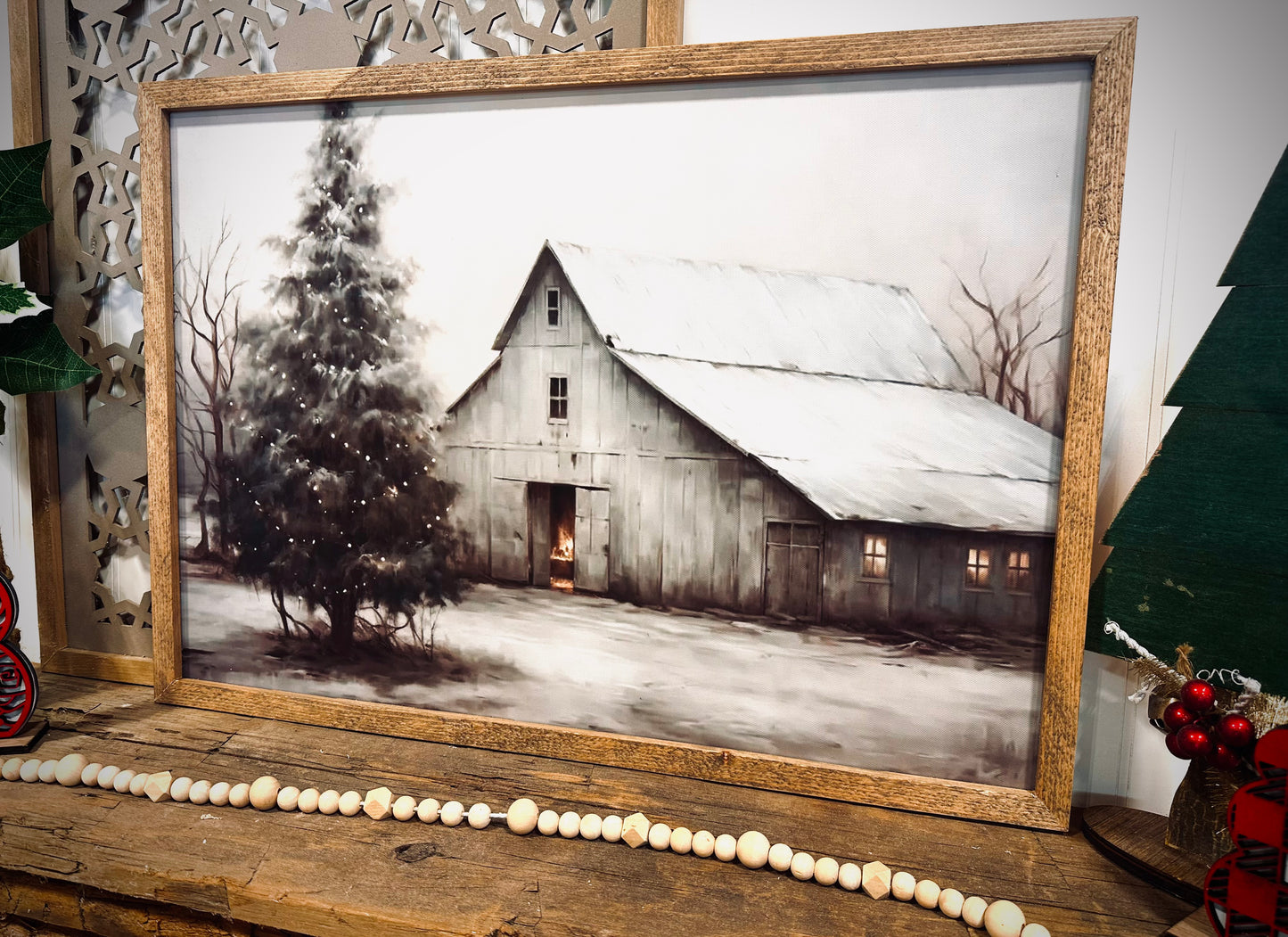 Moody winter snow covered barn scene wood framed canvas print