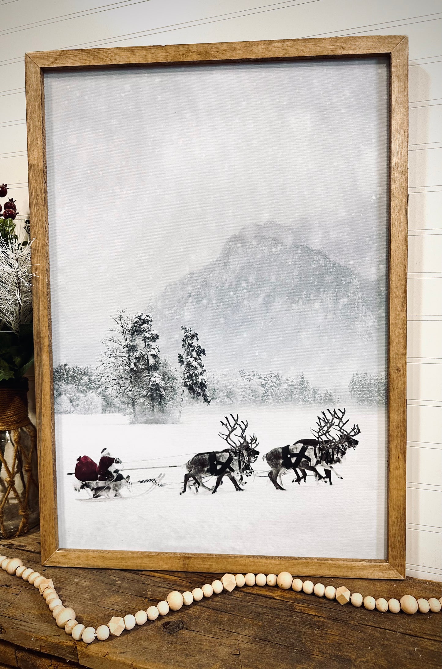 North Pole Santa wood framed canvas sign