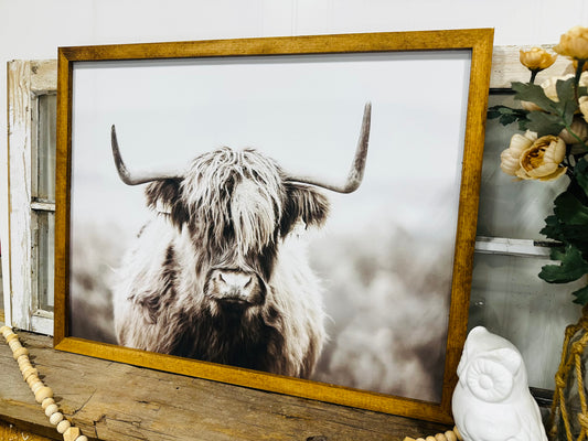 Muted highland cow wood framed canvas print