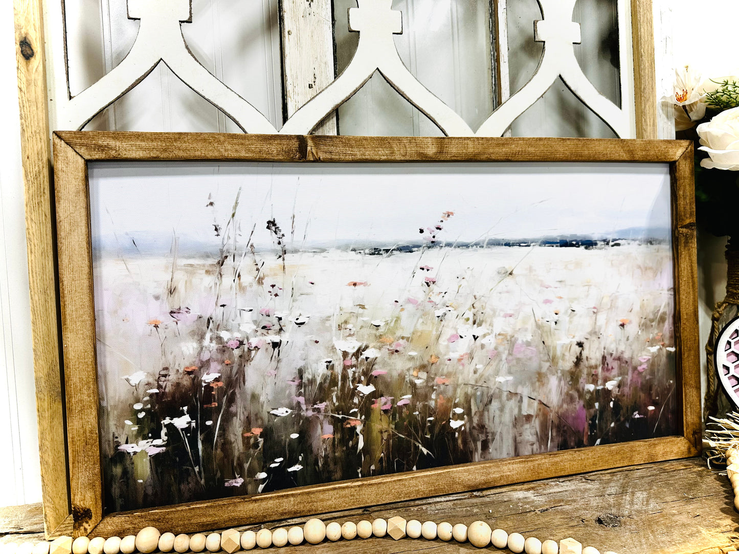 Flower Field Vintage inspired wood framed farmhouse canvas printed sign