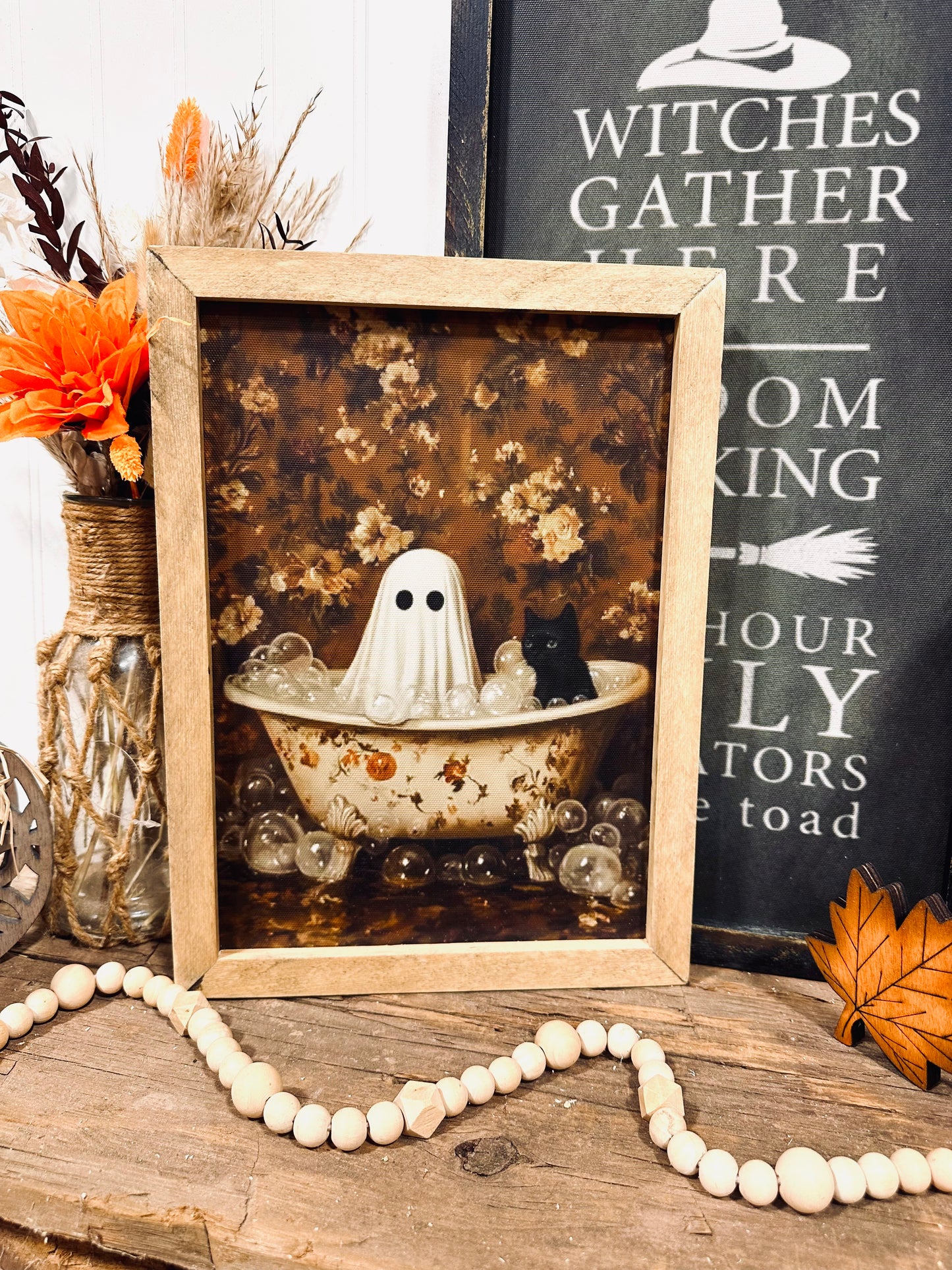 Ghost & Cat spooky bathroom Halloween wood framed canvas sign