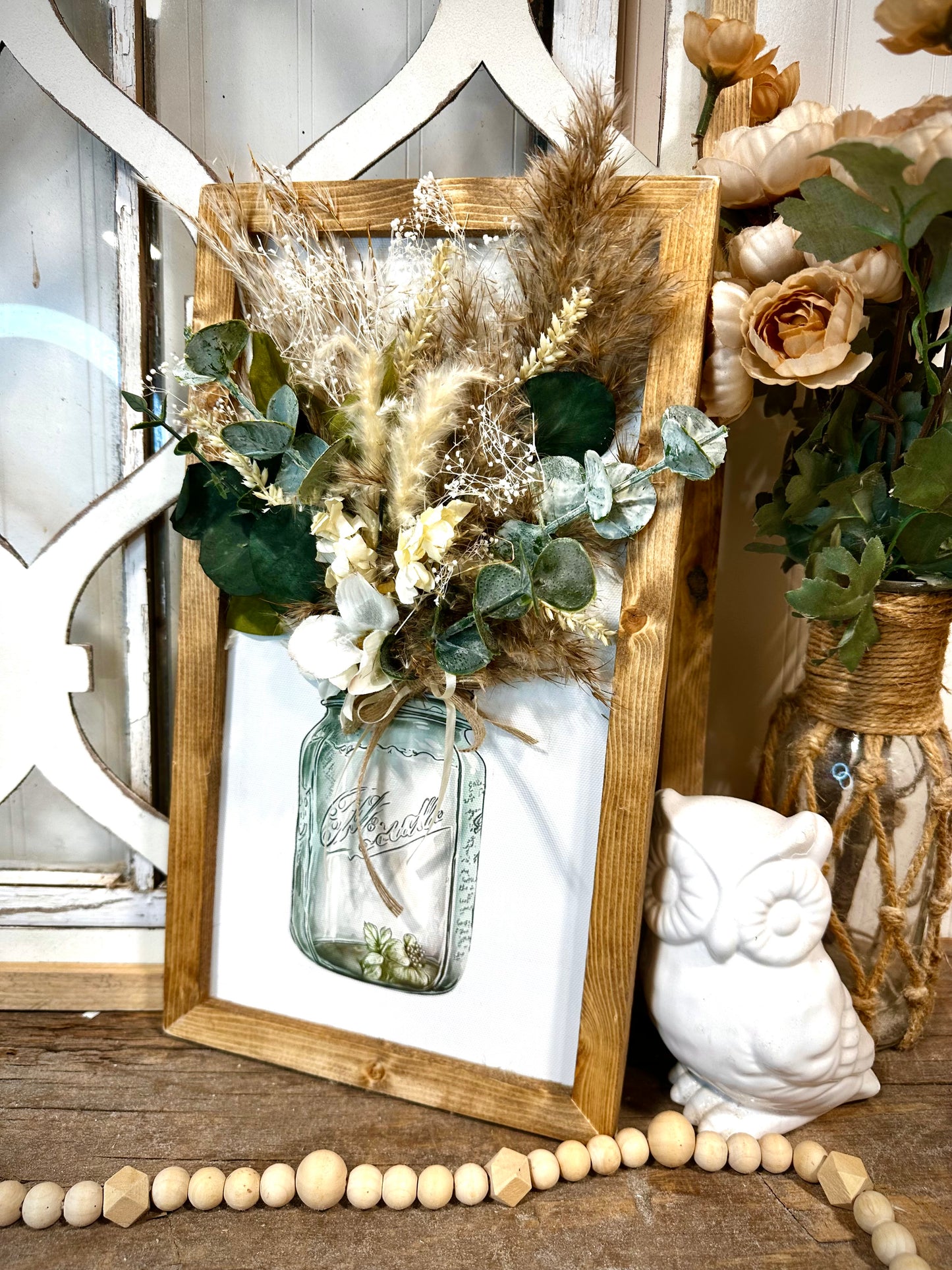 Vintage blue mason jar floral framed wall art