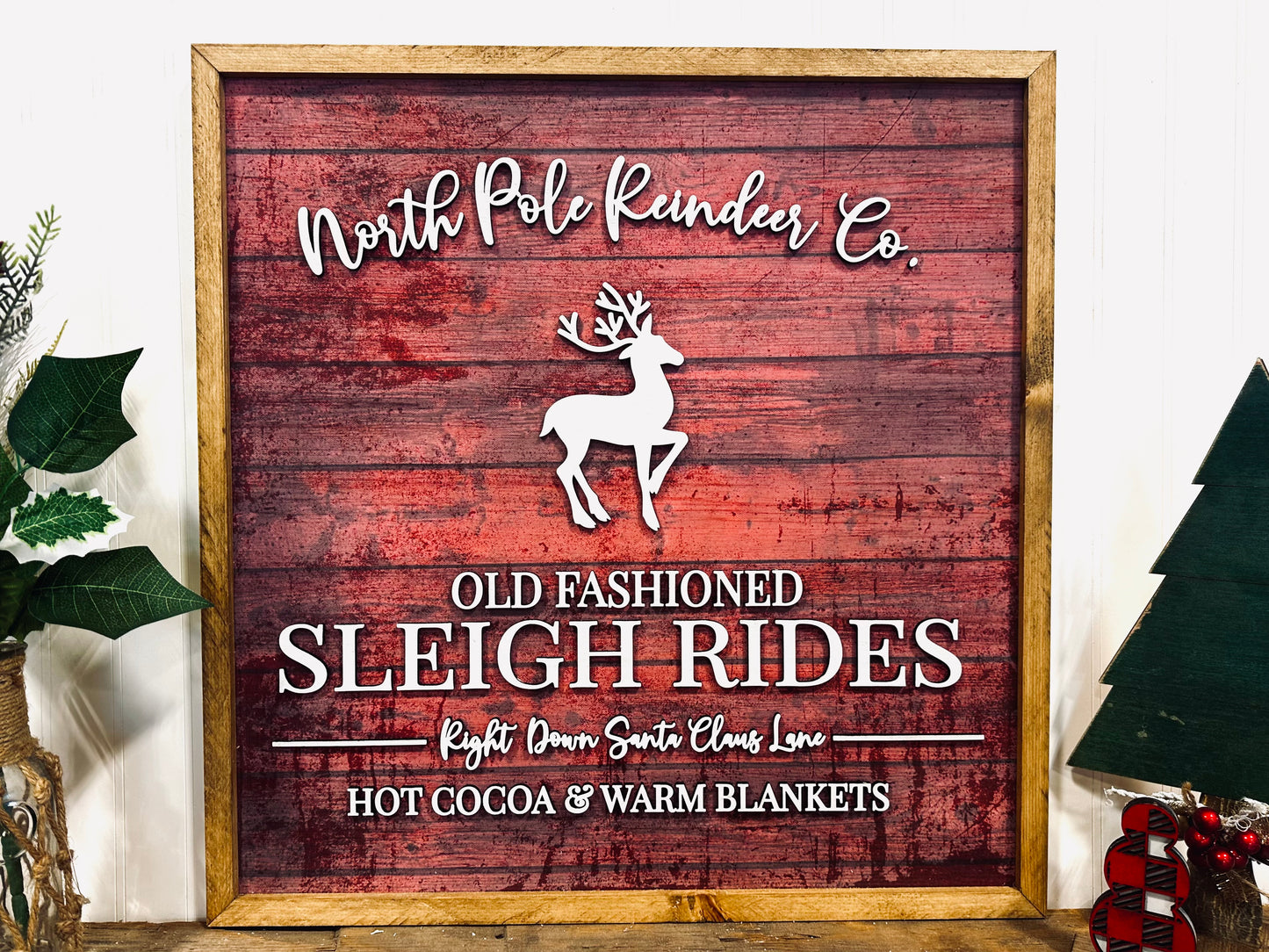 North Pole old fashioned sleigh rides framed sign- Red canvas background