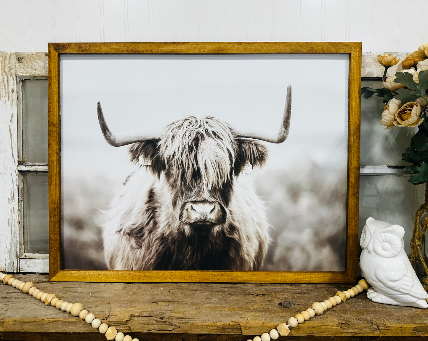 Muted highland cow wood framed canvas print