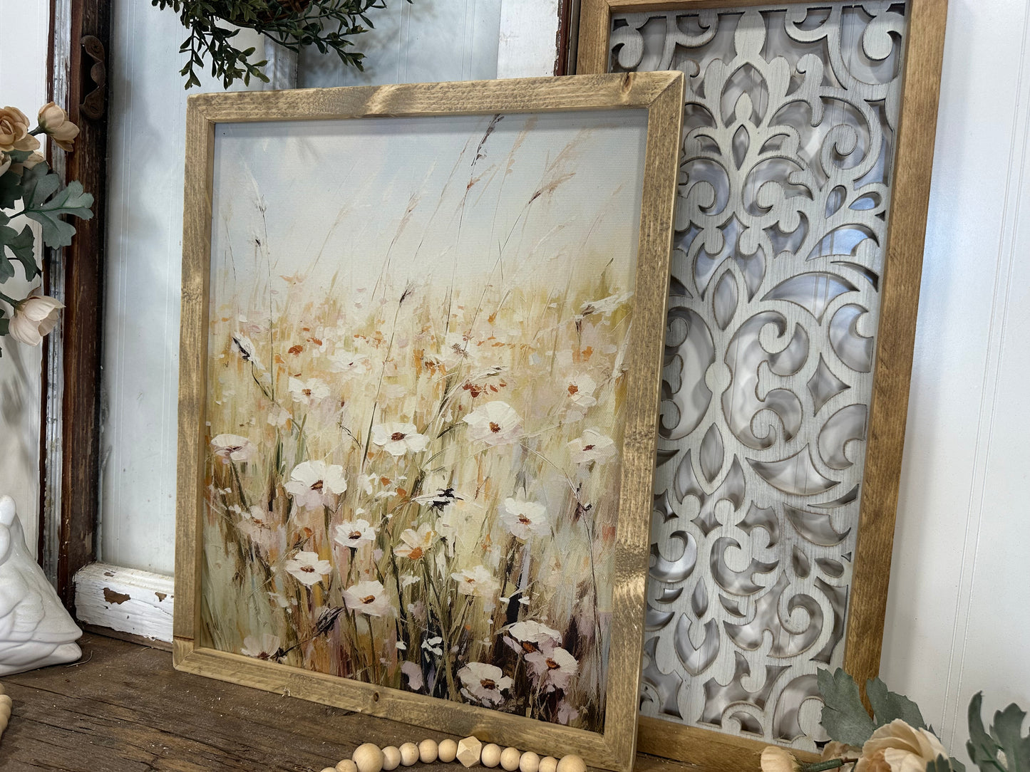 Watercolor pastel floral field wood framed canvas art