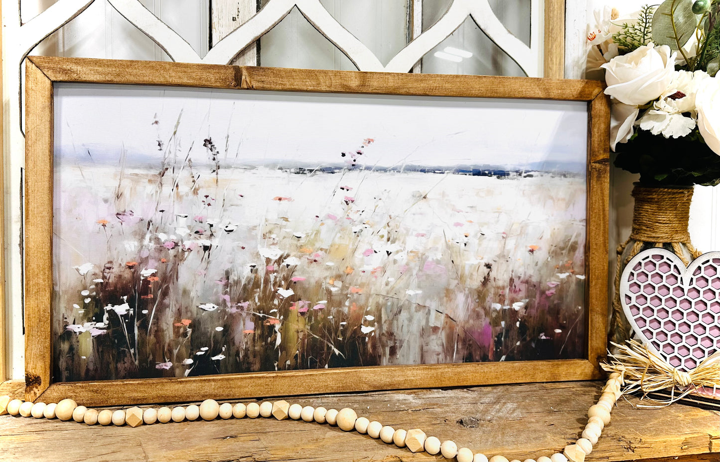 Flower Field Vintage inspired wood framed farmhouse canvas printed sign