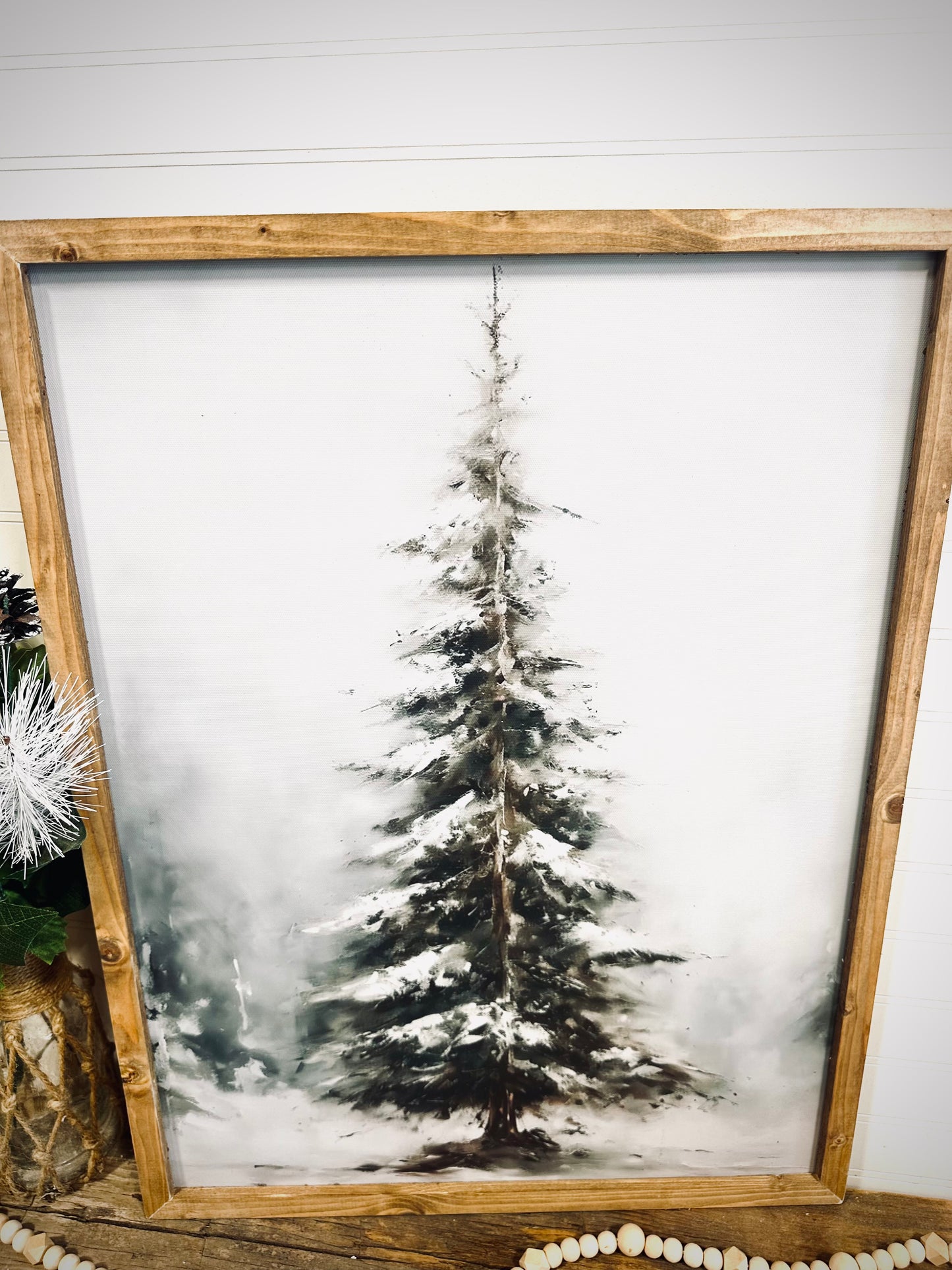 Moody snow covered evergreen wood framed Christmas print