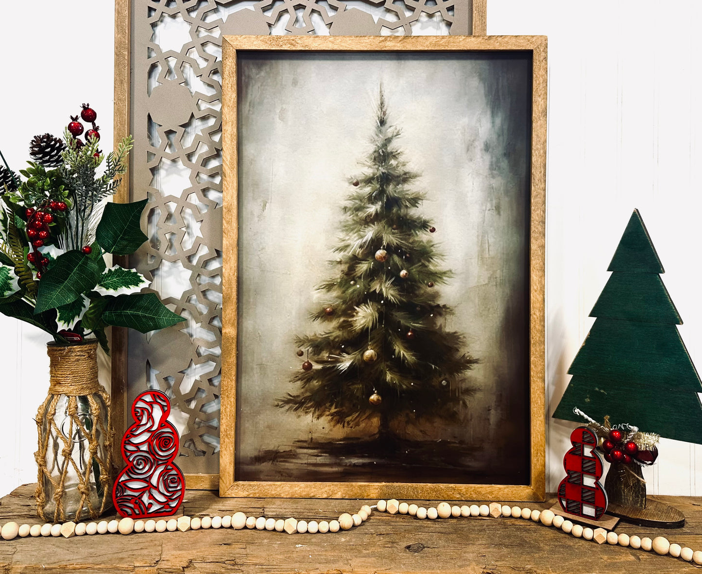 Moody vintage Christmas tree wood framed canvas print