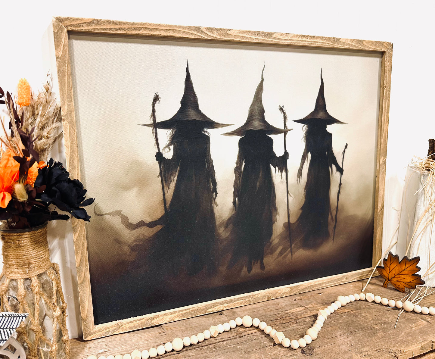 Three witches Halloween framed canvas wall art