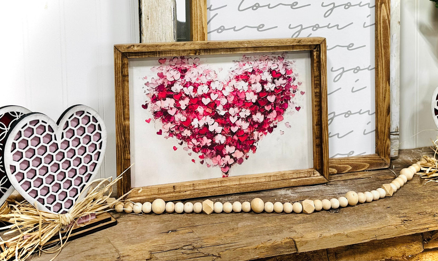 Valentines Day inspired wood framed colorful heart canvas print