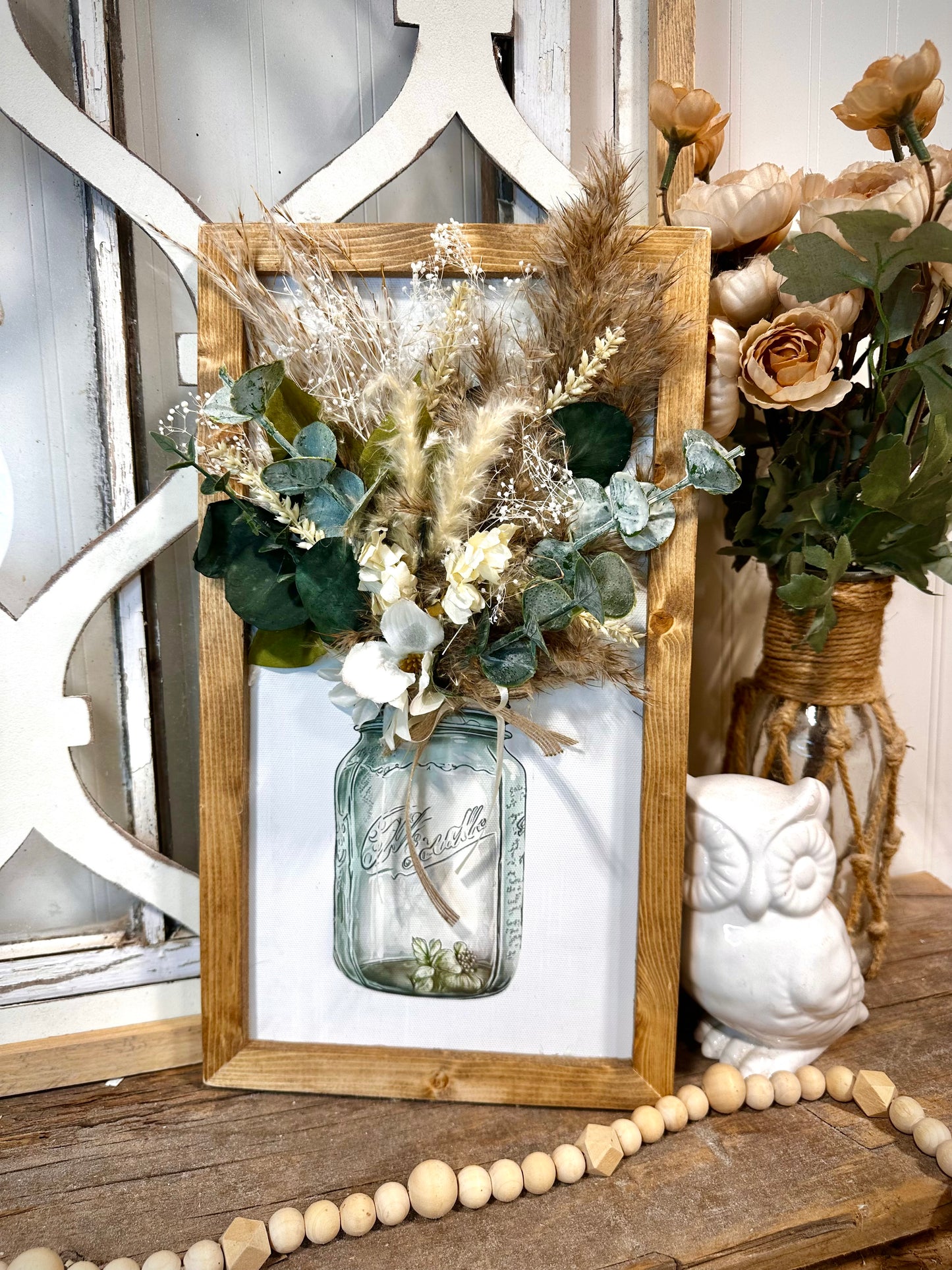 Vintage blue mason jar floral framed wall art