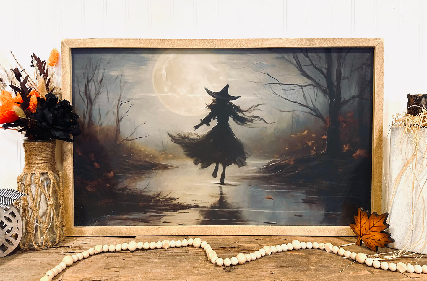 Moonlight witch Halloween framed canvas sign