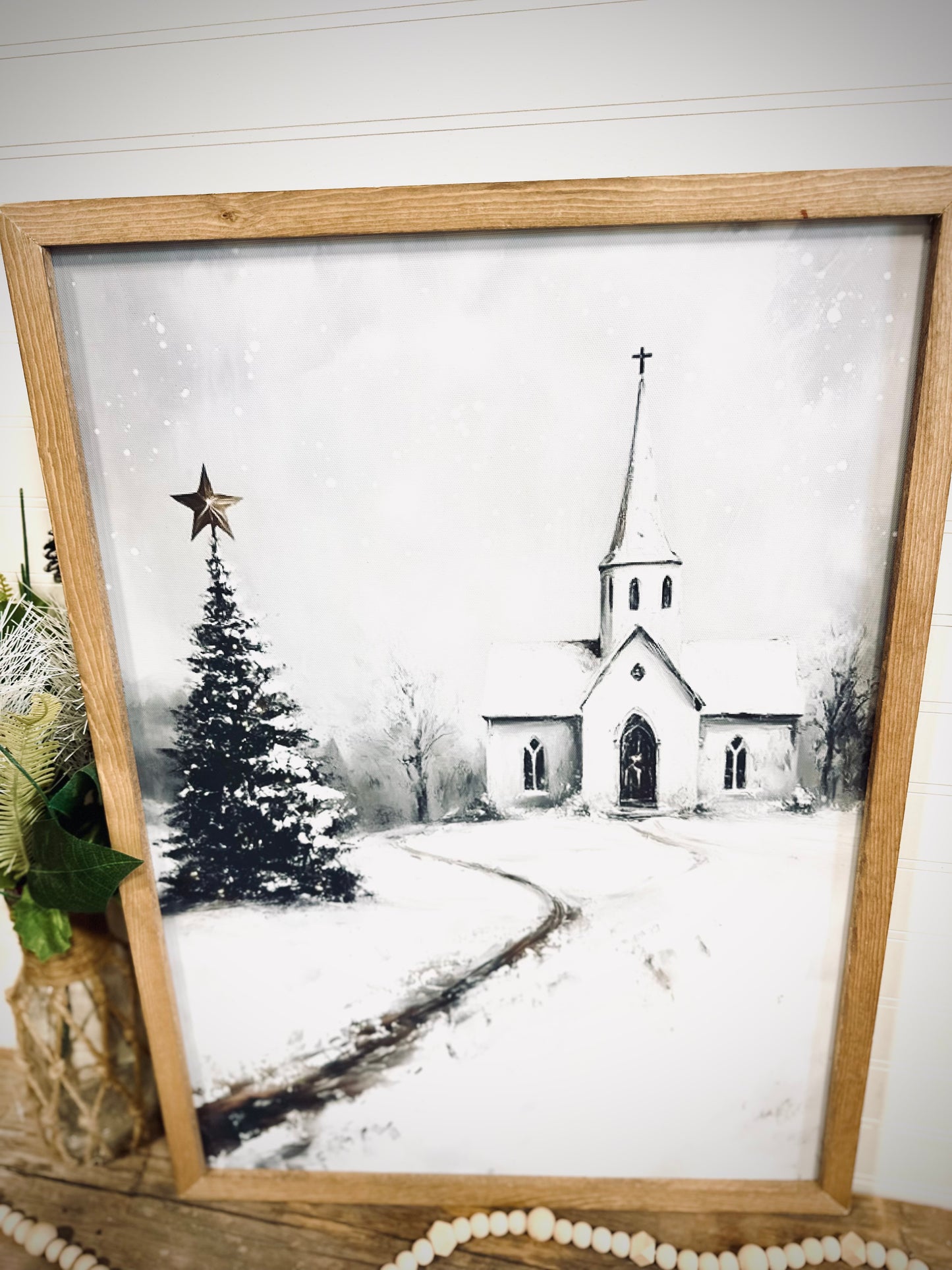White church snowy winter Christmas scene wood framed canvas print