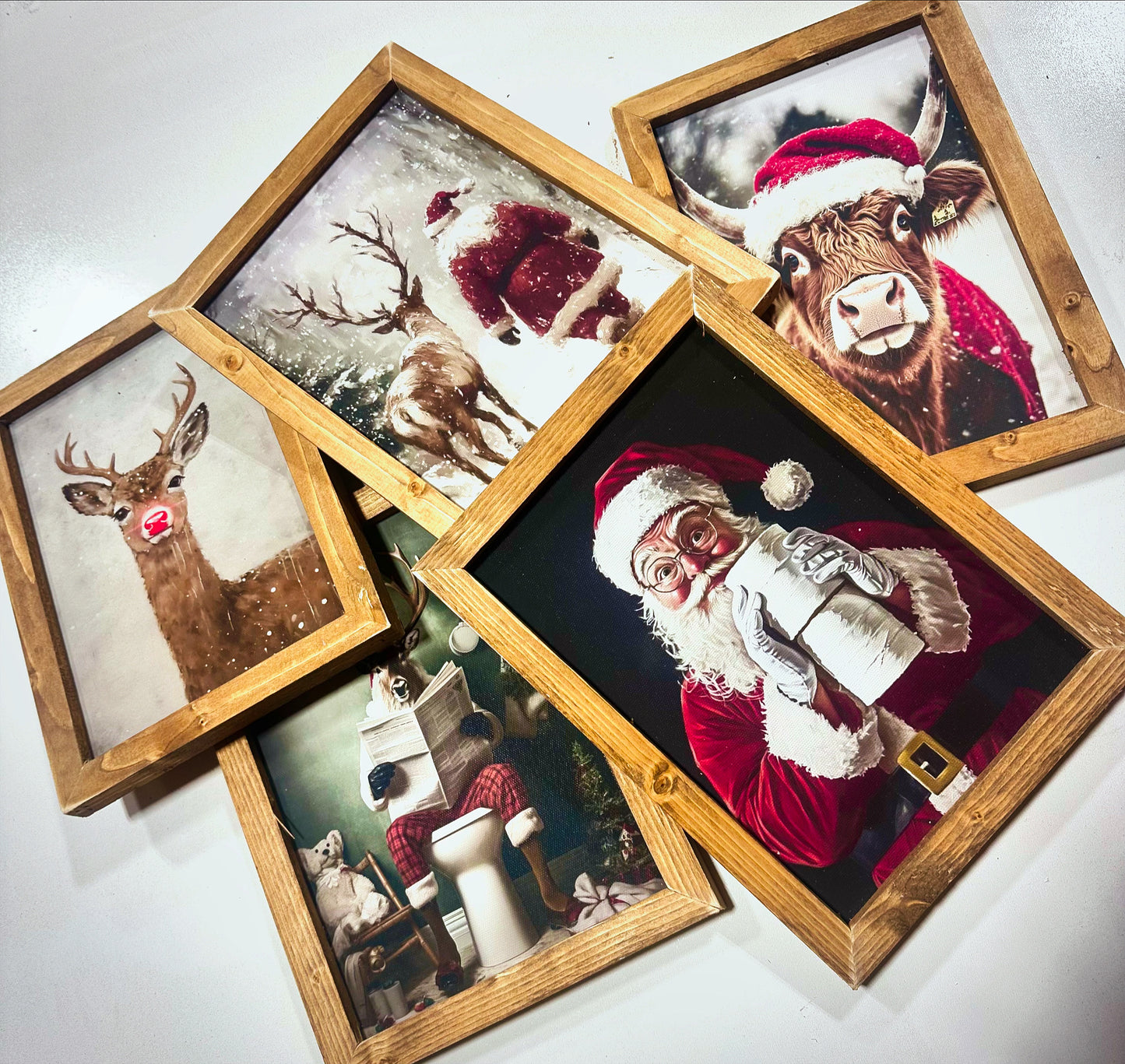 Funny bathroom reindeer Christmas wood framed canvas print