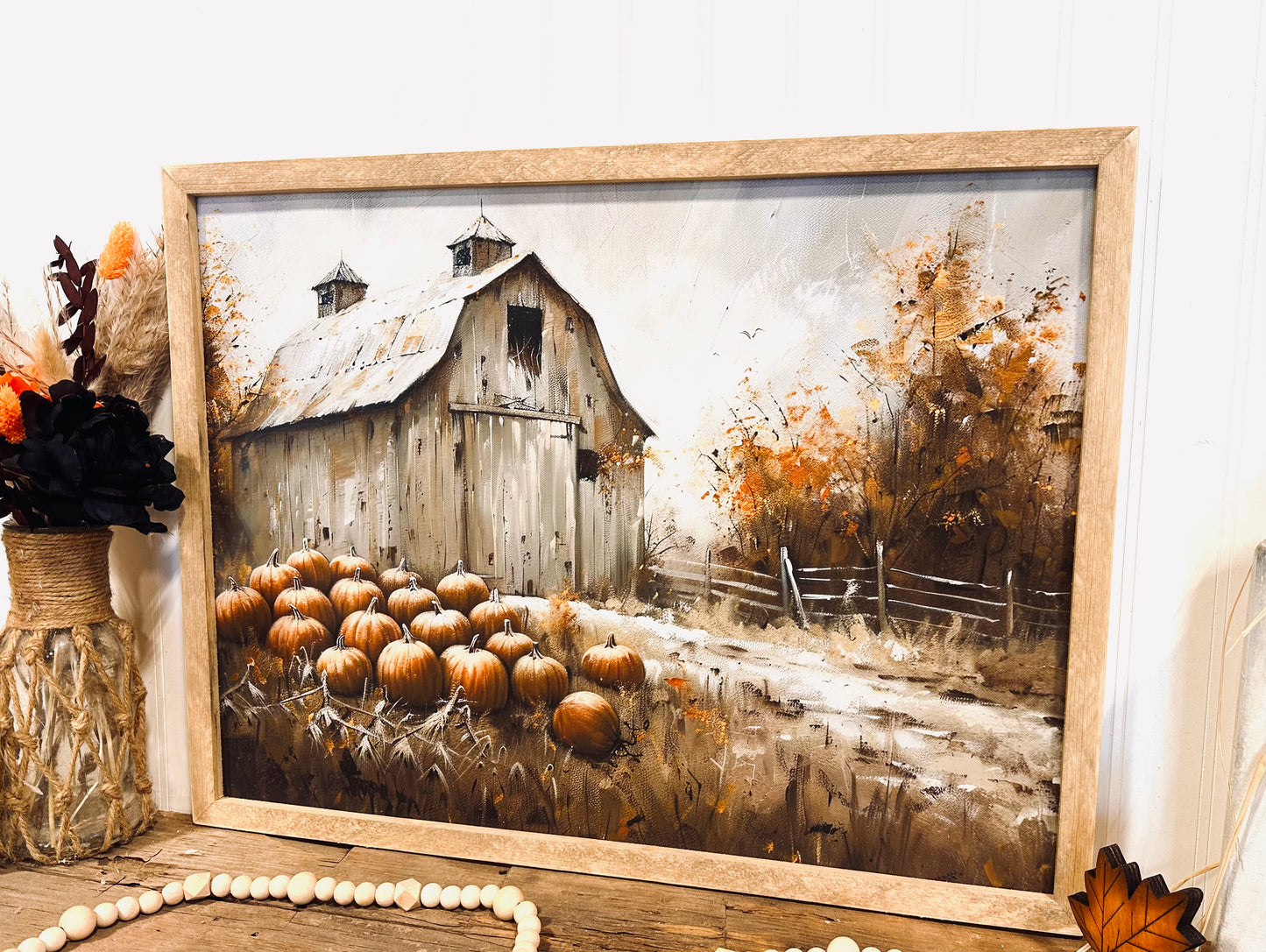 Spooky barn and pumpkin patch framed canvas sign