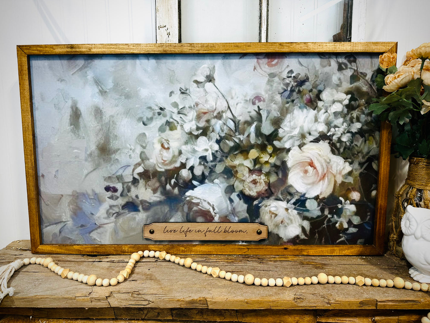 Live life in full bloom wood framed canvas sign