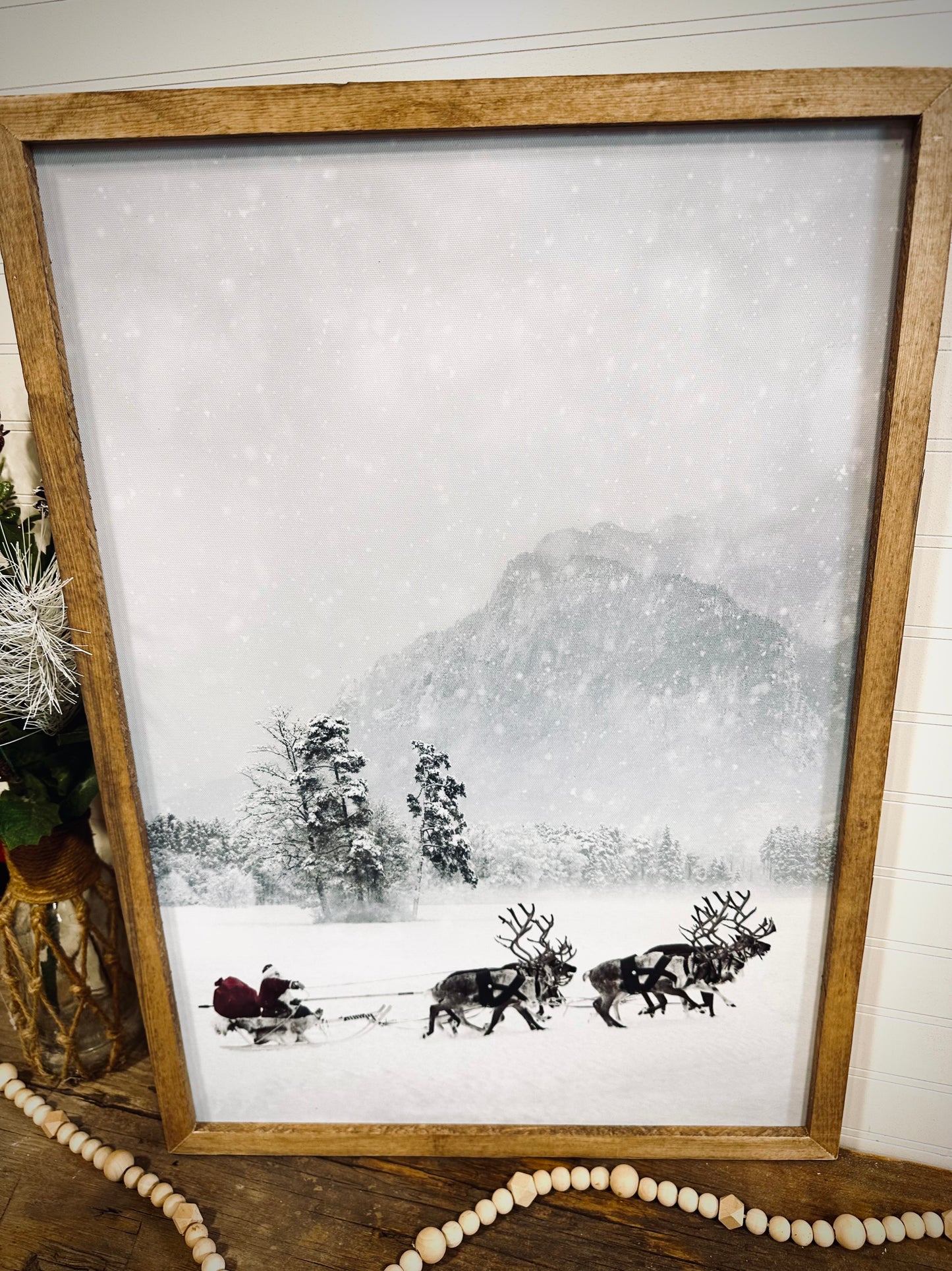 North Pole Santa wood framed canvas sign