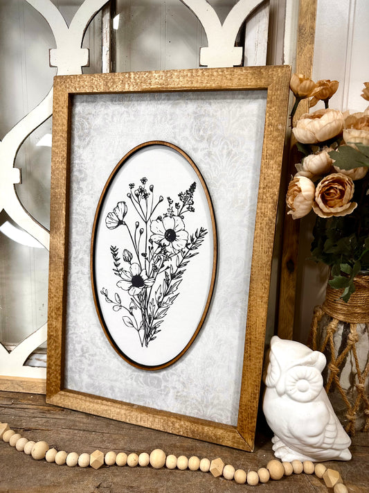 Farmhouse vintage oval floral wood framed canvas wall art
