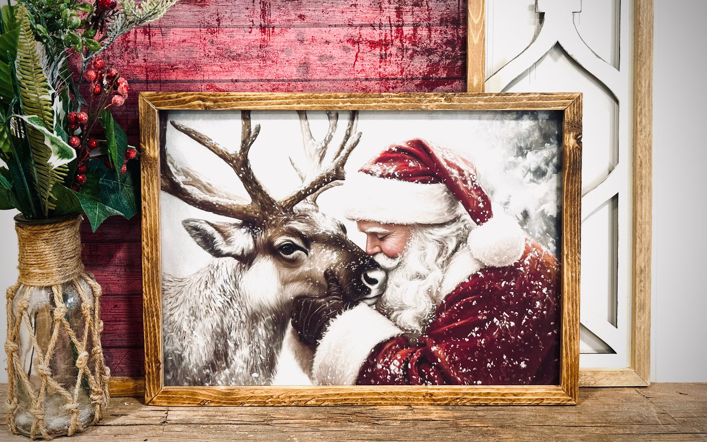 Santa with Reindeer wood framed canvas print