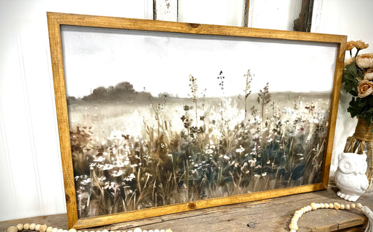 Muted blue moody flower field wood framed canvas print