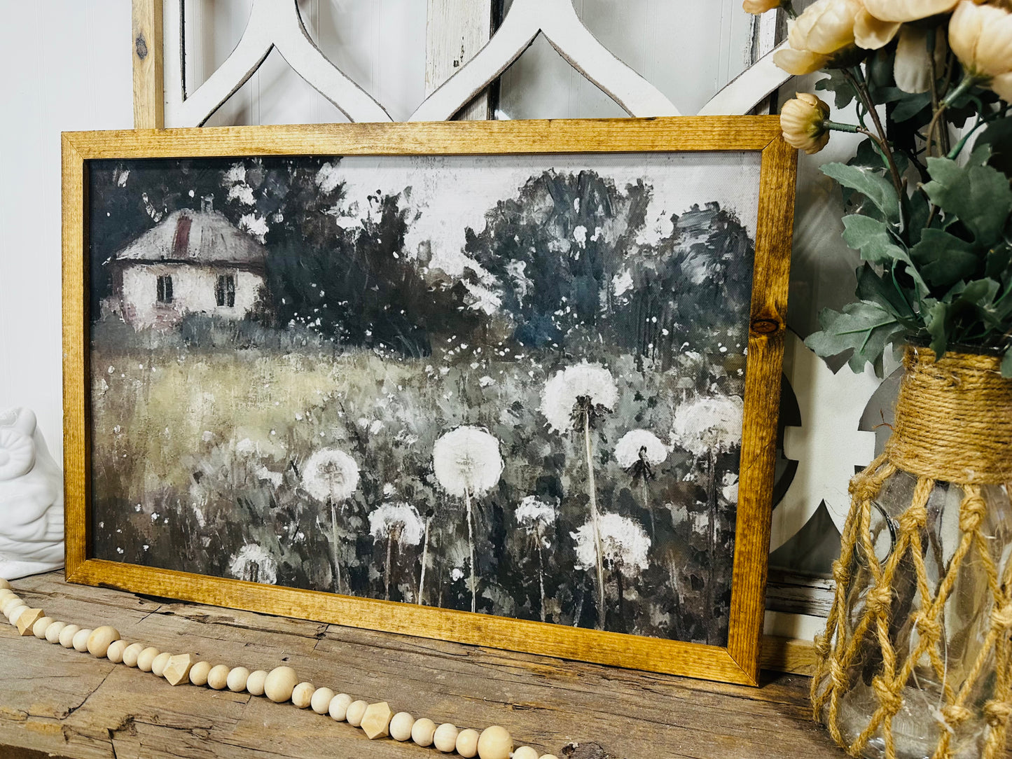 Muted cotton field vintage french cottage wood framed canvas print