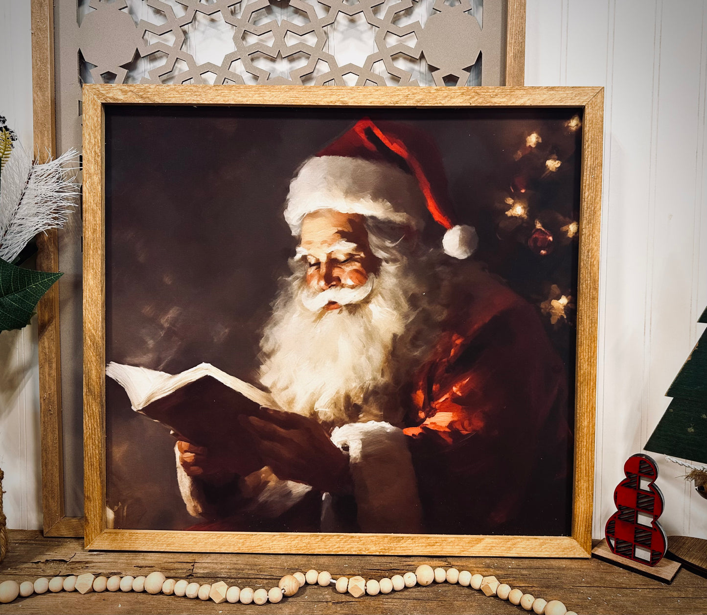 Santa checking his list moody wood framed canvas sign