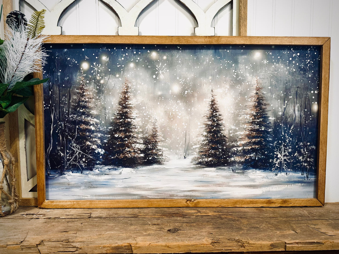 Snow covered winter trees wood framed Christmas canvas print