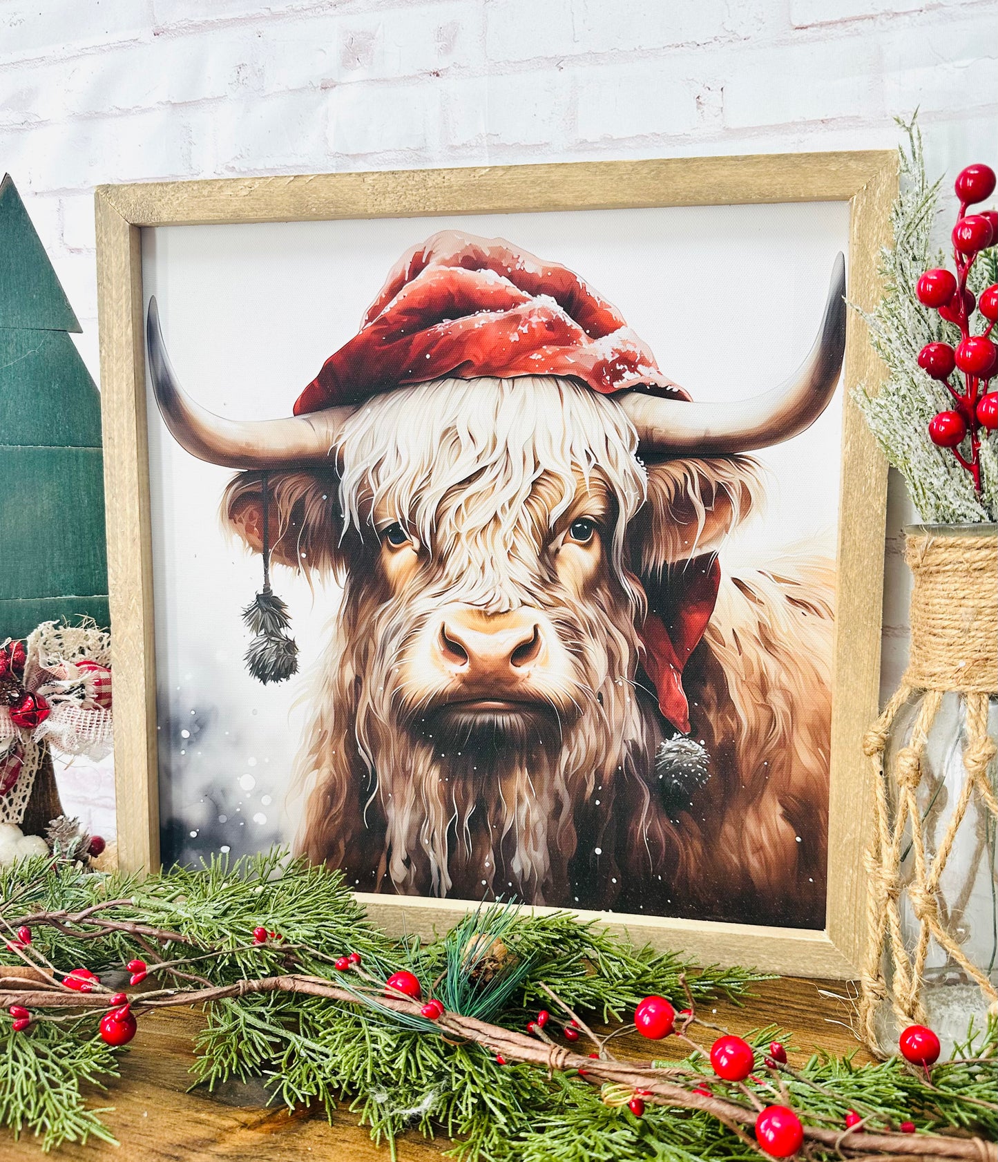 Christmas Highland cow canvas framed sign