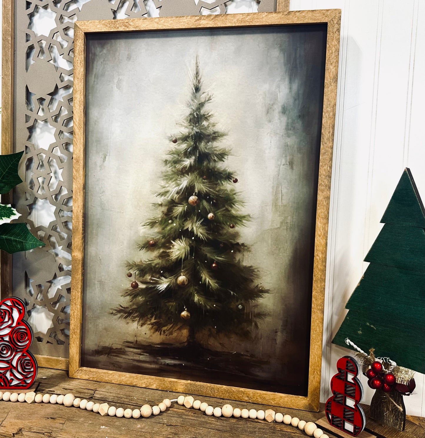 Moody vintage Christmas tree wood framed canvas print