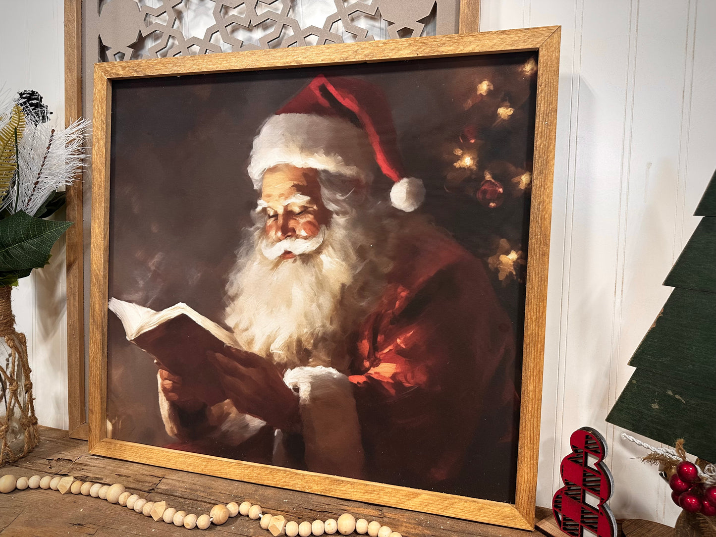 Santa checking his list moody wood framed canvas sign