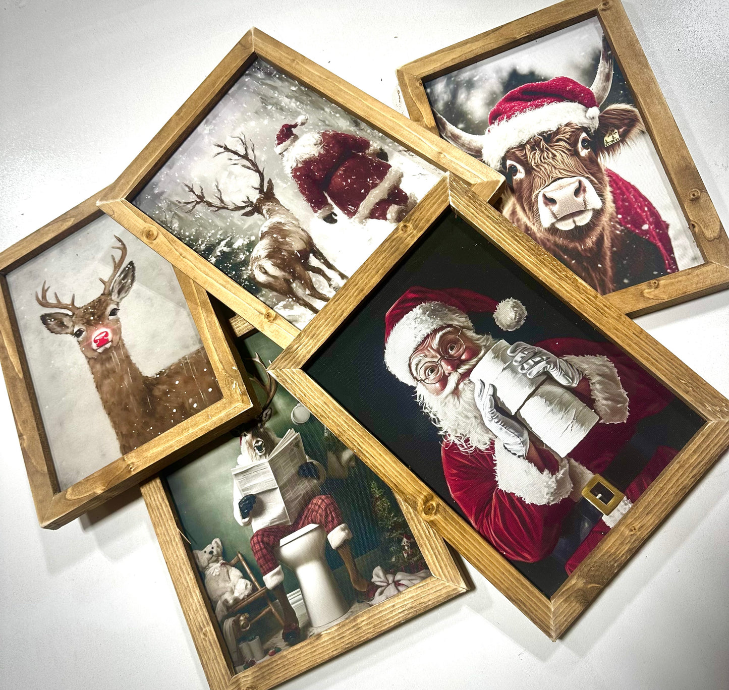 Santa holding toilet paper wood framed canvas print