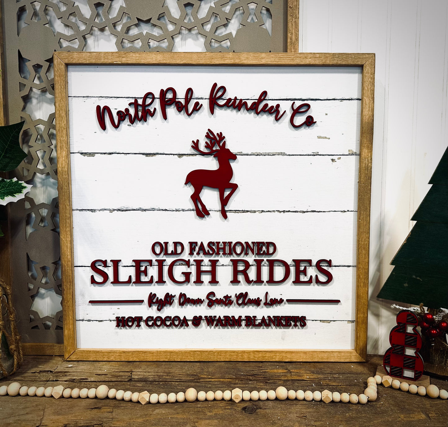 North Pole old fashioned sleigh rides framed sign- white canvas background